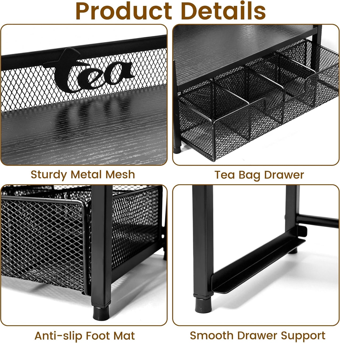 2 Tier Tea Bag Organizer and Storage - 8 Drawer Sliding Tea Box Organizer, Tea Bar Accessories Organizer for Countertop, Bar Station, Kitchen (Rustic Brown)