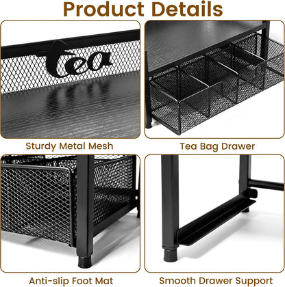 2 Tier Tea Bag Organizer and Storage - 8 Drawer Sliding Tea Box Organizer, Tea Bar Accessories Organizer for Countertop, Bar Station, Kitchen (Rustic Brown)