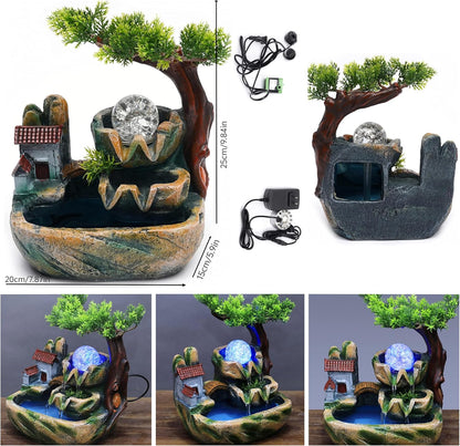 Mini Artificial Bonsai Tree Waterfall Fog Feature Rock Tabletop Fountain | 11in Desktop Decor Waterfall Fountain W/ Water Pump& Atomizer&LED Lights &Fake Tree Office Bedroom Relax