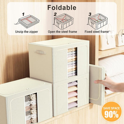 Clothes Storage Bins with Metal Frame Foldable Storage Box Clothes Organizers Storage Containers for Clothes Sheets Blankets Books Toys Gifts and Holiday Decorations (66Lx3 Pack)