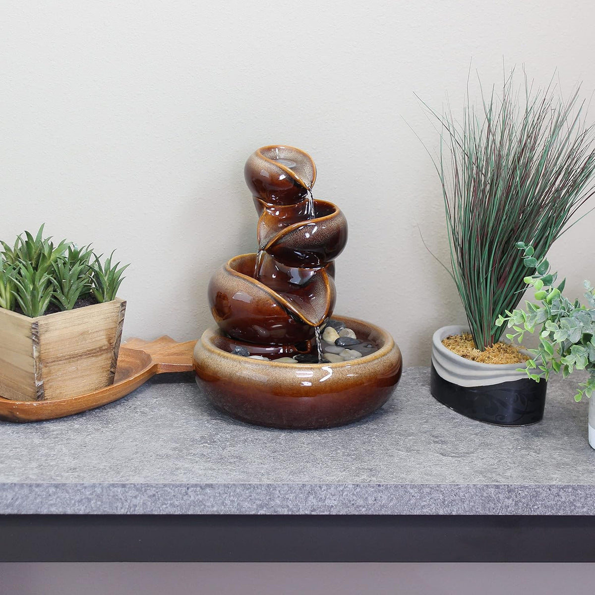 Sunnydaze 10" Tiered Vessels Ceramic Tabletop Fountain, Smooth Glaze, Brown