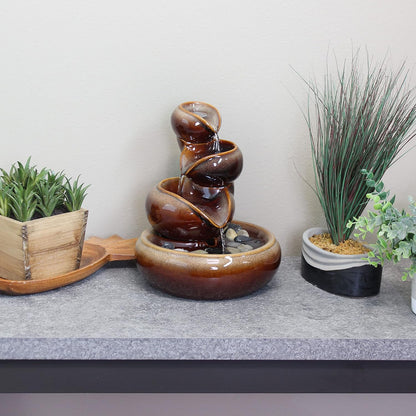 Sunnydaze 10" Tiered Vessels Ceramic Tabletop Fountain, Smooth Glaze, Brown