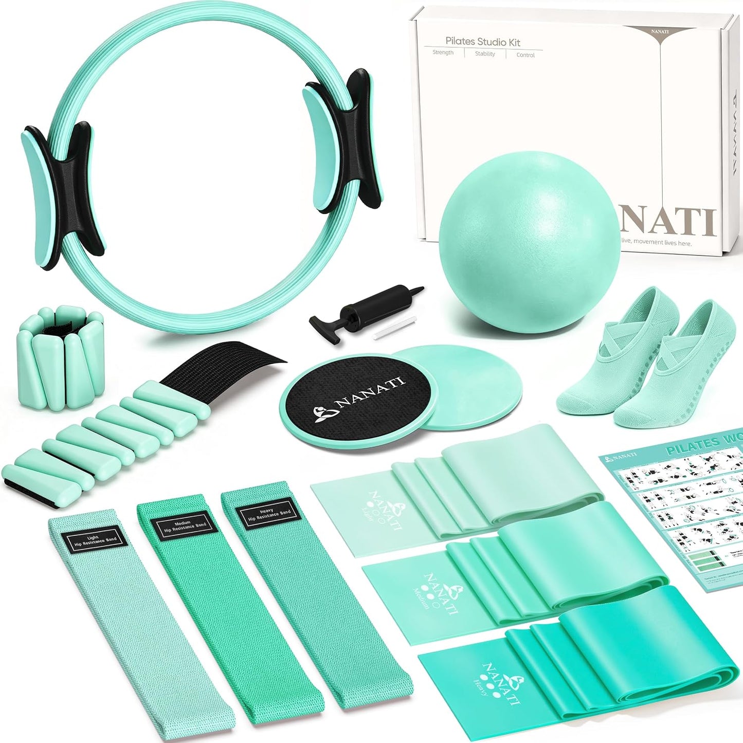 NANATI Pilates Kit, Home Pilates Workout Kit for Women, Pilates Equipment with 14.5" Pilates Ring and Ball, Resistance Bands, Ankle Weights, Sliders & Grip Socks for Home Workouts