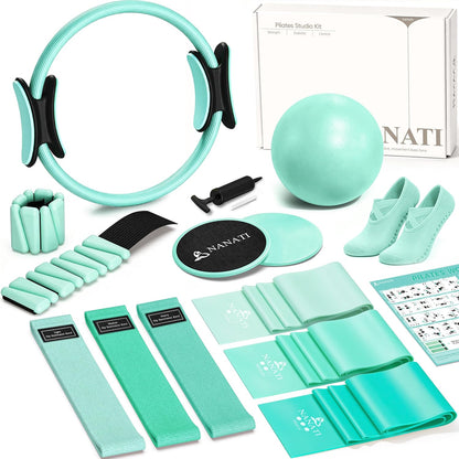 NANATI Pilates Kit, Home Pilates Workout Kit for Women, Pilates Equipment with 14.5" Pilates Ring and Ball, Resistance Bands, Ankle Weights, Sliders & Grip Socks for Home Workouts