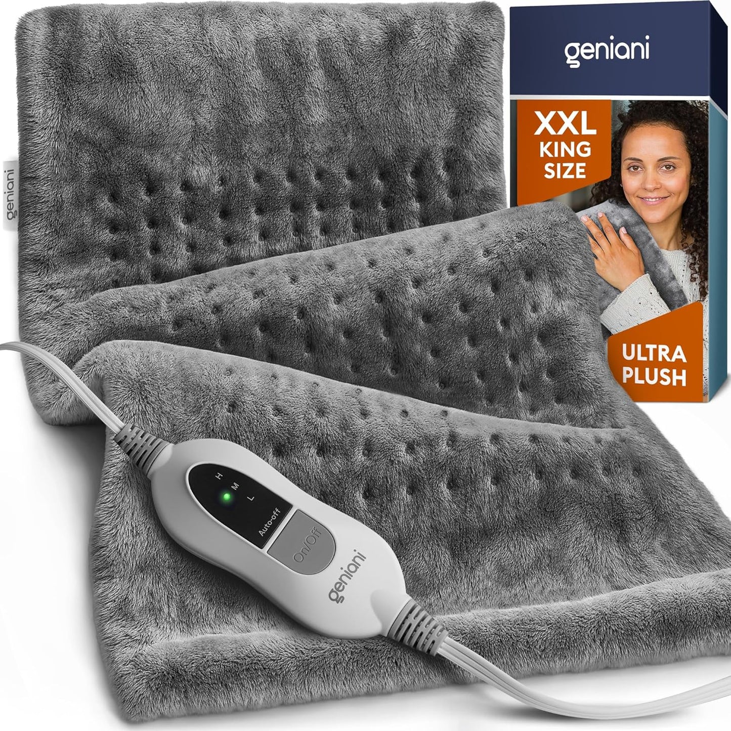 GENIANI Electric Heating Pad for Back Pain & Cramps Relief, Electric Throw, Self Care Gifts for Women, Heating Pad for Neck & Shoulder, Machine Washable Microplush, Auto Shut Off (12"x24", Tabby Gray)