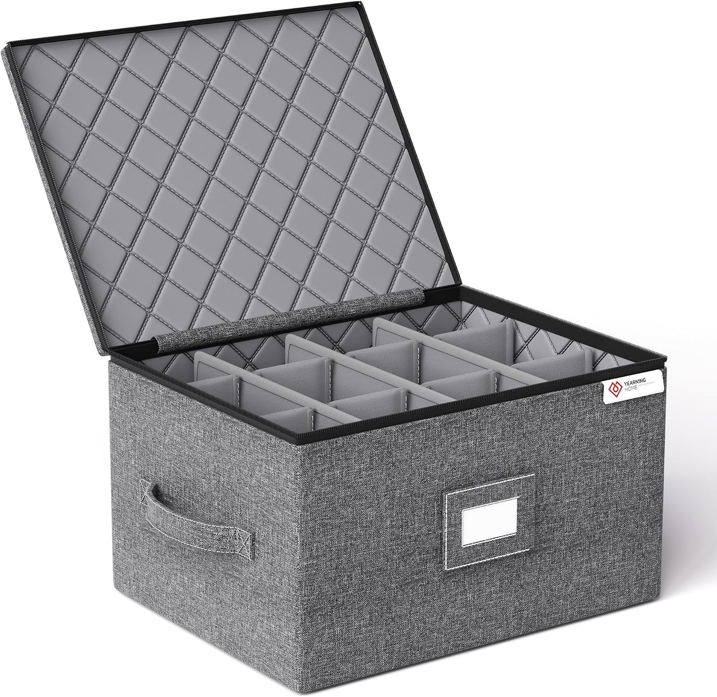 YearningHome Cup and Mug Storage Box with Hard Shell and Dividers for Coffee Mugs,Tea Cups and Glasses,Stackable Storage Organizers with Lid,Handles,Zips and Label for Moving,Holds 12,2 Pack, Grey