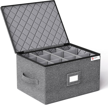 YearningHome Cup and Mug Storage Box with Hard Shell and Dividers for Coffee Mugs,Tea Cups and Glasses,Stackable Storage Organizers with Lid,Handles,Zips and Label for Moving,Holds 12,2 Pack, Grey