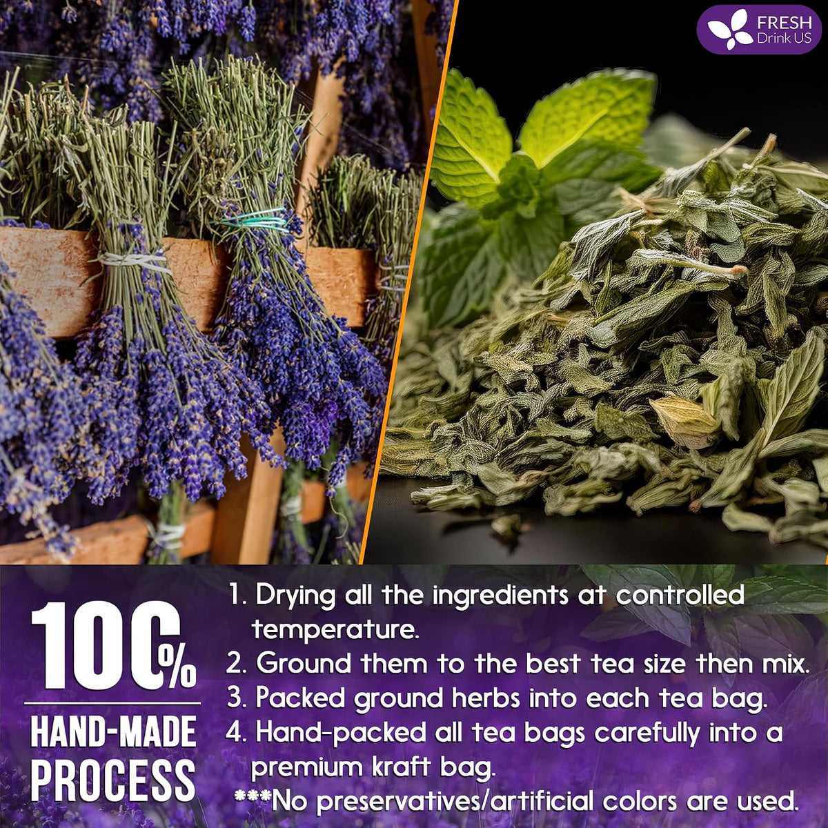 FreshDrinkUS, Premium Lavender Mint Tea, 75 Count, Caffeine Free, Vegan