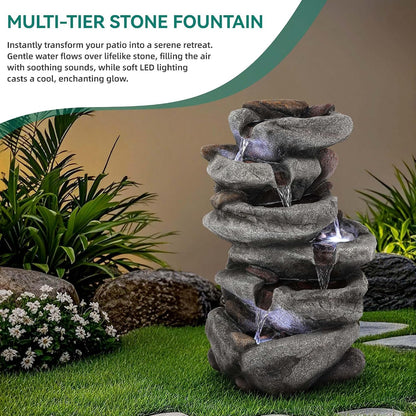 19.5" H 4-Tier Indoor & Outdoor Water Fountain with LED Lights | Resin Pebble Textured Tabletop Cascading Water Feature, Relaxing Decor for Patio, Porch, Deck, Yard & Home