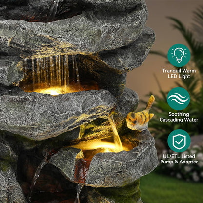 19.5" H 4-Tier Indoor & Outdoor Water Fountain with LED Lights | Resin Pebble Textured Tabletop Cascading Water Feature, Relaxing Decor for Patio, Porch, Deck, Yard & Home