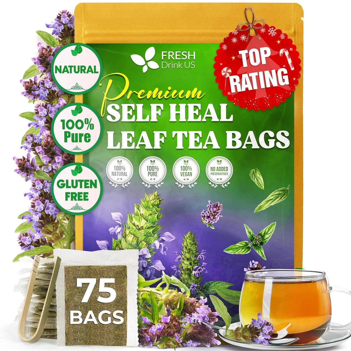 FreshDrinkUS, Premium Self Heal Leaf Tea Bag, 75 Count, Caffeine Free