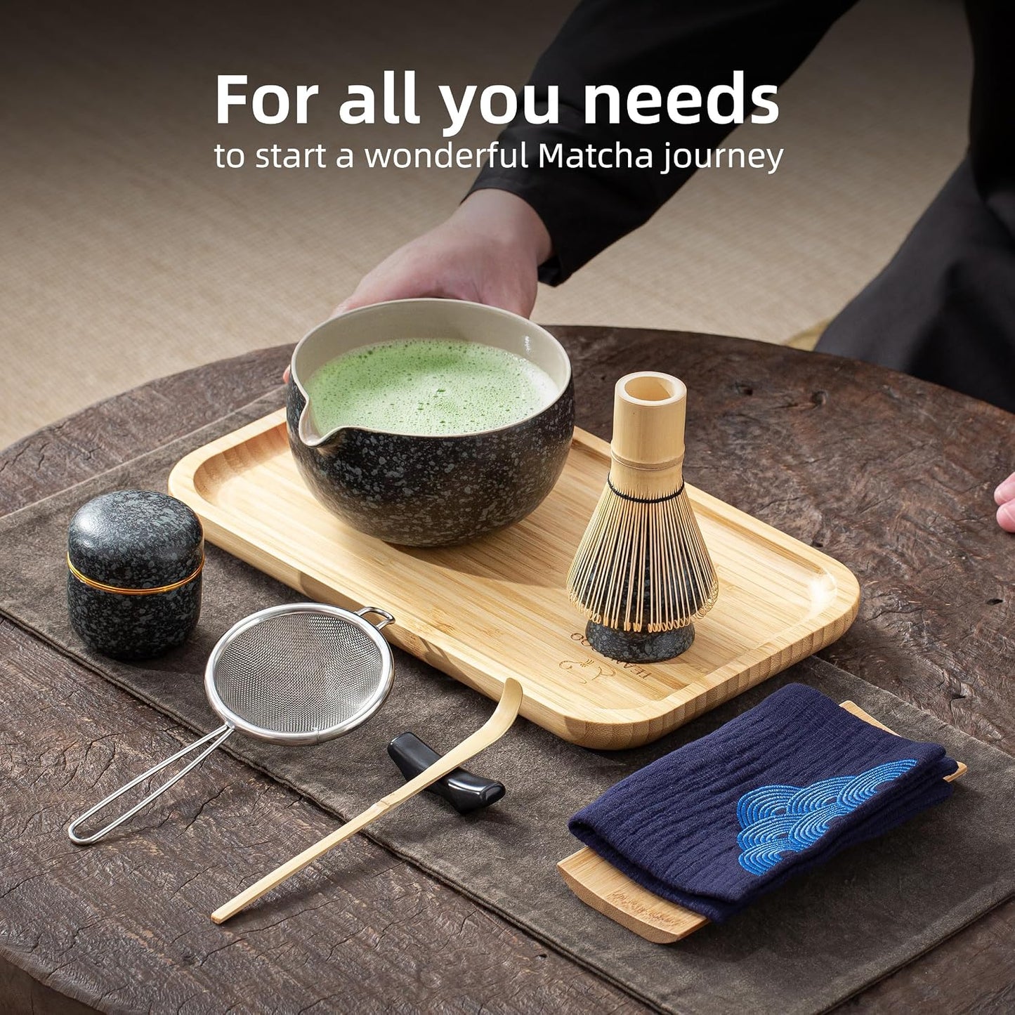 TEANAGOO Matcha Whisk Set Black,7 Pcs Matcha Set,Matcha Kit for Ceremony,Tradition Tea Set for Making Breakfast/Latte,Matcha Whisk Set with Bowl(Chawan)/Whisk and Holder,Gift for Family/Friend