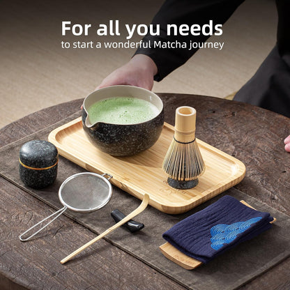TEANAGOO Matcha Whisk Set Black,7 Pcs Matcha Set,Matcha Kit for Ceremony,Tradition Tea Set for Making Breakfast/Latte,Matcha Whisk Set with Bowl(Chawan)/Whisk and Holder,Gift for Family/Friend