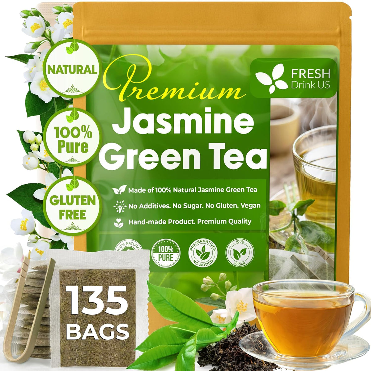 FreshDrinkUS, Premium 135 Jasmine Green Tea Bags, 100% Natural & Pure from Jasmine Green Herbal Tea. Made with Natural Material Tea Bags. No Sugar, No Caffeine, No Gluten, Vegan.