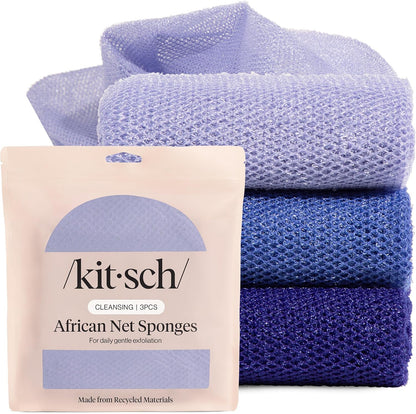 Kitsch African Net Sponge – Exfoliating Body Scrubber for Cleansing & Gentle Daily Exfoliation – Stretchable Bath Sponge for Hard-to-Reach Areas, Long-Lasting Shower Essential - Aqua Grey, 3 Pcs