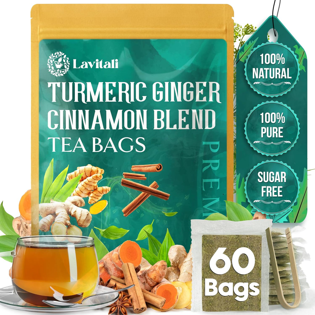 Lavitali, Ginger Turmeric Cinnamon Tea | 60 bags, 100% Pure Herbal Tea | Caffeine-Free, No Sugar, Eco-Friendly Filter Bag | Daily Natural Botanical, Hot or Iced Herbal Infusion