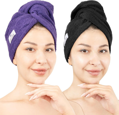 American Soft Linen 100% Cotton Hair Towels for Women, Head Towel Cap, Cotton Hair Turban Towel Wrap for Long Curly Anti Frizz Hair, Soft and Absorbent Cotton Hair Towels 2 Pack, White
