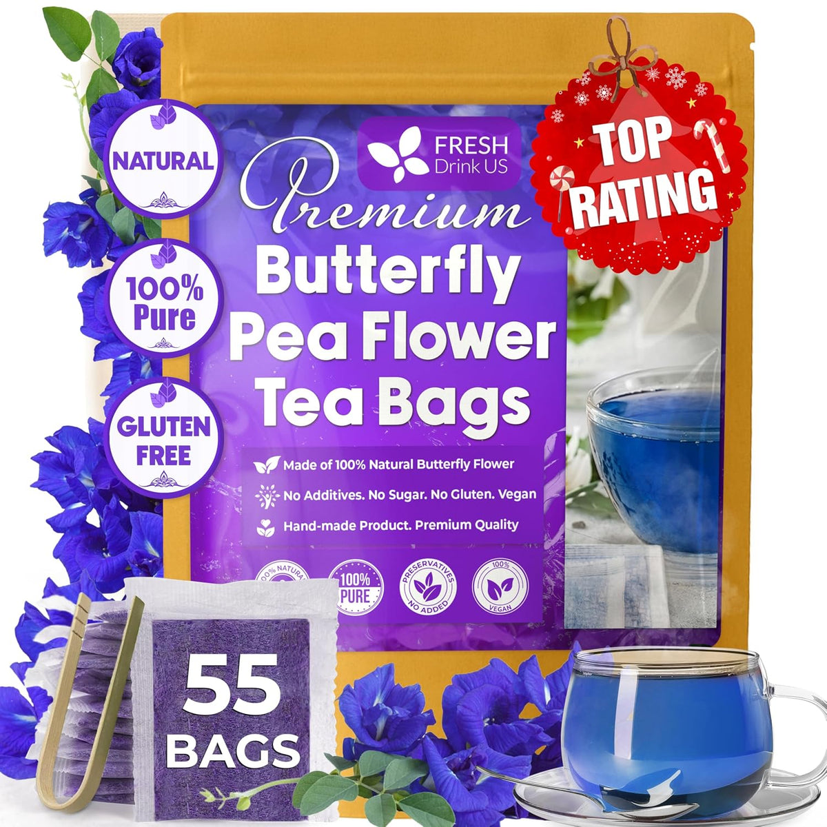 FreshDrinkUS, Premium Butterfly Pea Flowers Tea, 55 Count, Caffeine Free