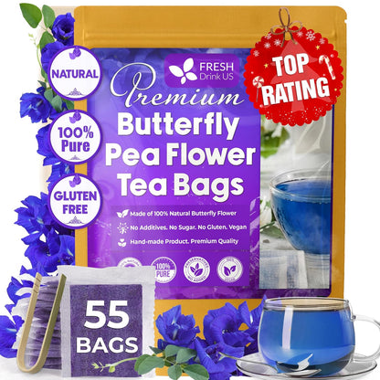 FreshDrinkUS, Premium Butterfly Pea Flowers Tea, 55 Count, Caffeine Free