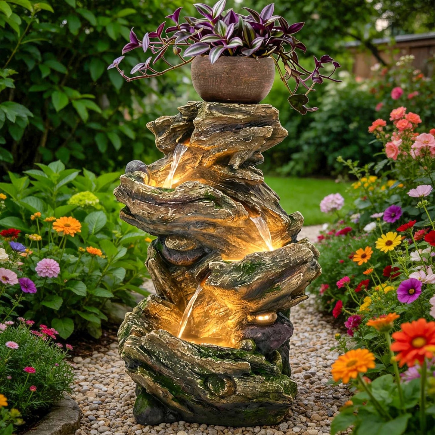 19.5" H 4-Tier Indoor & Outdoor Water Fountain with LED Lights | Resin Pebble Textured Tabletop Cascading Water Feature, Relaxing Decor for Patio, Porch, Deck, Yard & Home