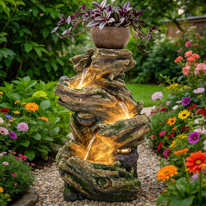 19.5" H 4-Tier Indoor & Outdoor Water Fountain with LED Lights | Resin Pebble Textured Tabletop Cascading Water Feature, Relaxing Decor for Patio, Porch, Deck, Yard & Home