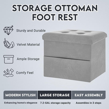 Zoes Homeware Small Storage Ottoman Foot Rest, Velvet Ottoman with Storage and Side Pocket, Black Foot Rest for Couch, Foldable Footstool for Chair, Living Room&Dorm, 16"x12"x12"