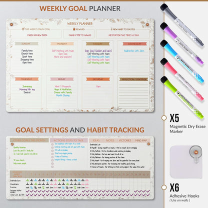 Magnetic Whiteboard for Fridge - Large Dry Erase Calendar for Wall | 2 Magnetic Dry Erase Board 10.5" x 16.5" & 7" x 16.5", Monthly Goal Setting & Habit Tracker, 5 Markers and 6 Adhesive Hooks