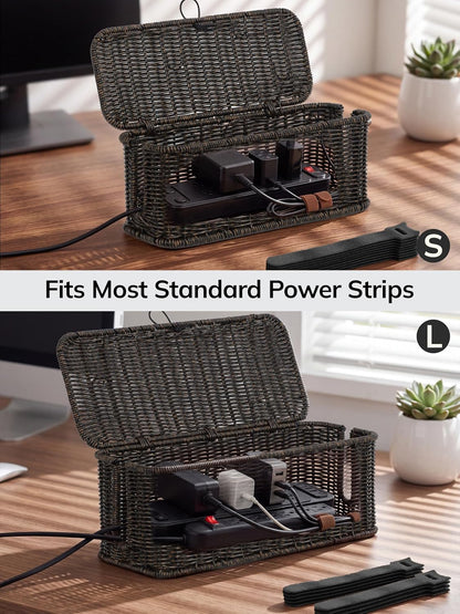 Cable Management Box, Cord Organizer with Lid & Cable Ties - Brown, L