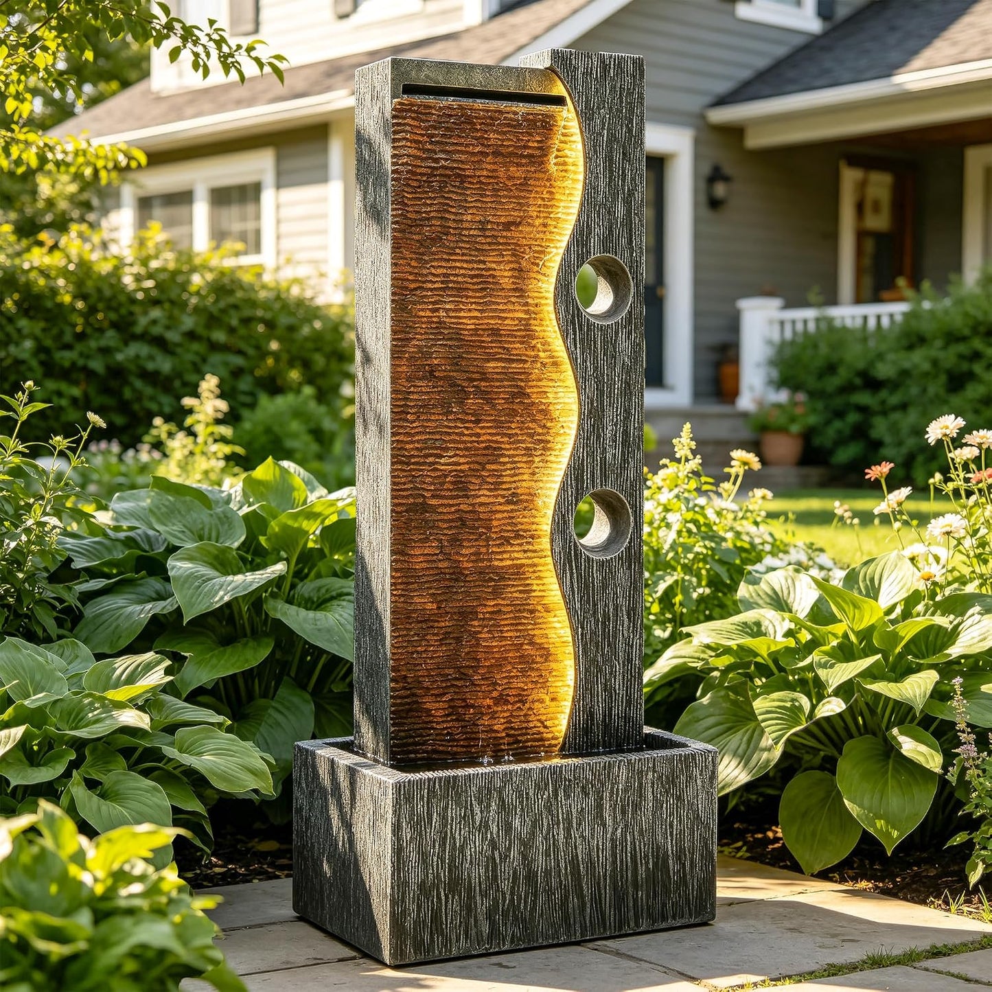 19.5" H 4-Tier Indoor & Outdoor Water Fountain with LED Lights | Resin Pebble Textured Tabletop Cascading Water Feature, Relaxing Decor for Patio, Porch, Deck, Yard & Home
