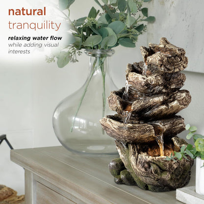 Alpine Corporation | 14"H Indoor Tiered Log Tabletop Fountain with LED Lights — Cascading Waterfall Design Creates Relaxing Ambiance for Home & Office Décor