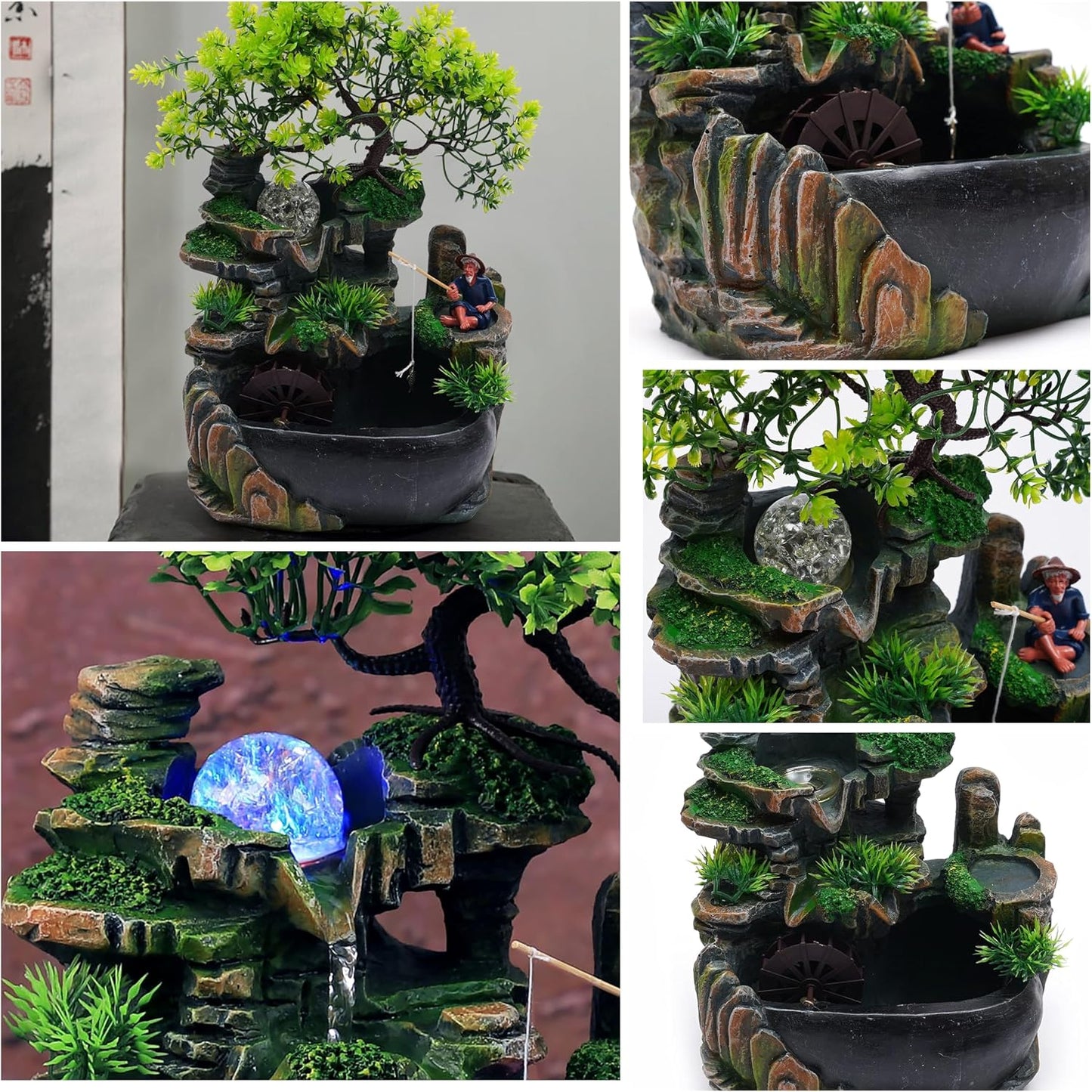 Mini Artificial Bonsai Tree Waterfall Fog Feature Rock Tabletop Fountain | 11in Desktop Decor Waterfall Fountain W/ Water Pump& Atomizer&LED Lights &Fake Tree Office Bedroom Relax