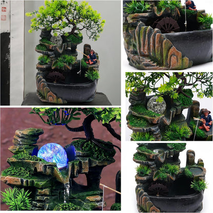 Mini Artificial Bonsai Tree Waterfall Fog Feature Rock Tabletop Fountain | 11in Desktop Decor Waterfall Fountain W/ Water Pump& Atomizer&LED Lights &Fake Tree Office Bedroom Relax