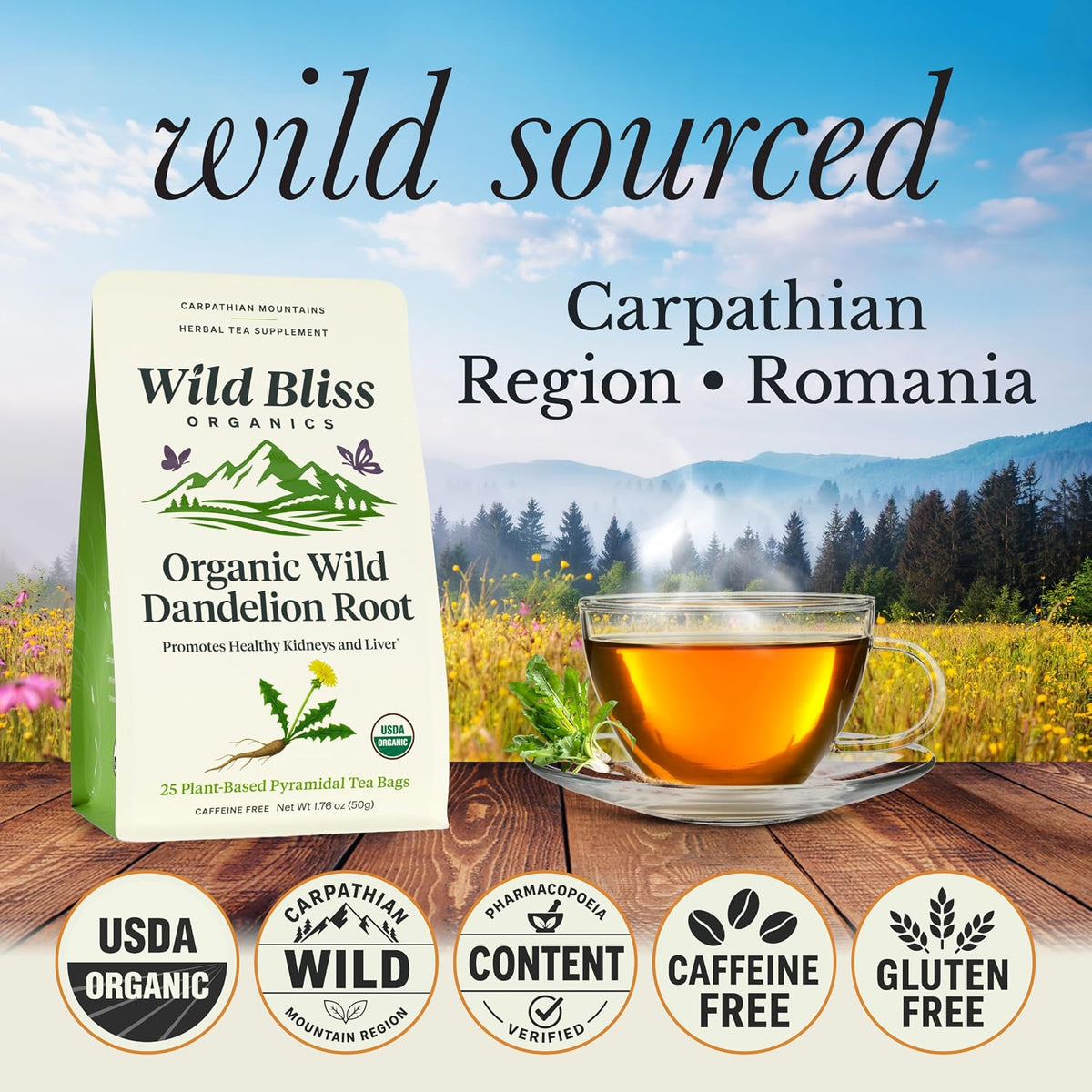 Wild Bliss Organic Wild Raw Dandelion Root Tea - Pharmacopoeia Quality Caffeine Free Herbal Detox Support - 25 Plant Based Tea Bags