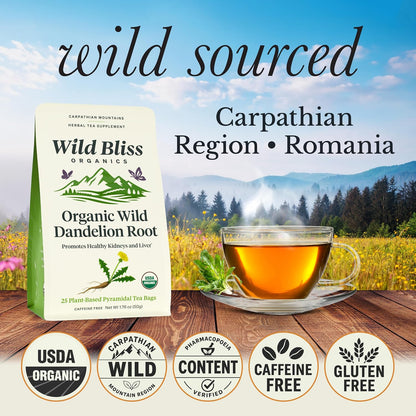 Wild Bliss Organic Wild Raw Dandelion Root Tea - Pharmacopoeia Quality Caffeine Free Herbal Detox Support - 25 Plant Based Tea Bags