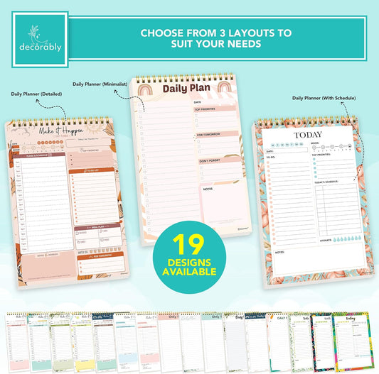 Decorably 52 Sheets Colorful Pastel Undated Daily Planner Pad - 6.5x10in Spring-Bound to Do List Notepad for Schedule, Priorities, Agenda, Water Intake, Meals, Notes and Doodles, Easy Tear-Off Design