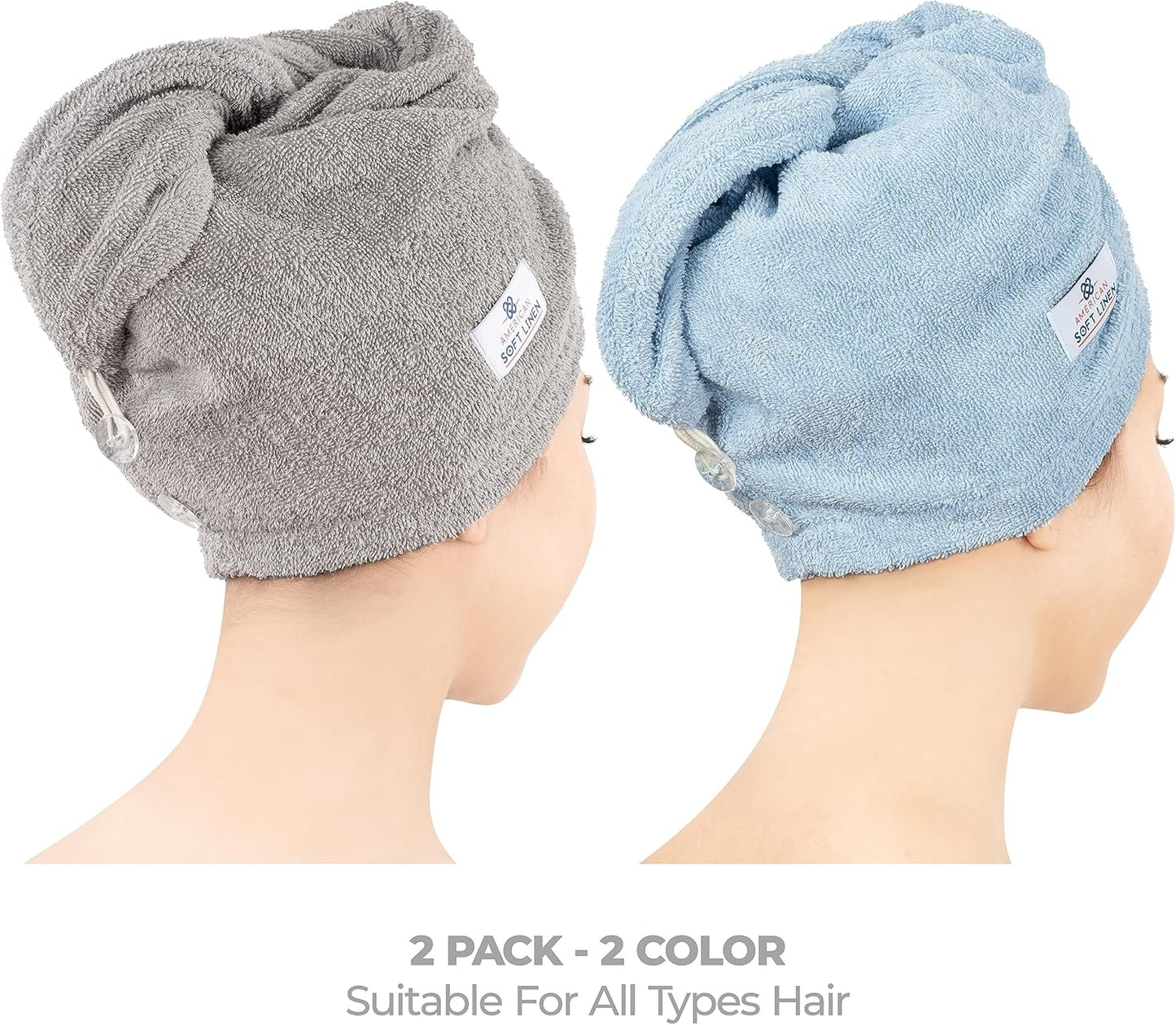 American Soft Linen 100% Cotton Hair Towels for Women, Head Towel Cap, Cotton Hair Turban Towel Wrap for Long Curly Anti Frizz Hair, Soft and Absorbent Cotton Hair Towels 2 Pack, White