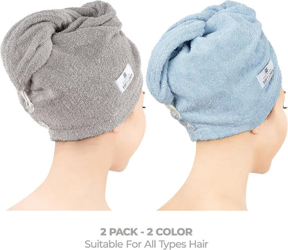American Soft Linen 100% Cotton Hair Towels for Women, Head Towel Cap, Cotton Hair Turban Towel Wrap for Long Curly Anti Frizz Hair, Soft and Absorbent Cotton Hair Towels 2 Pack, White