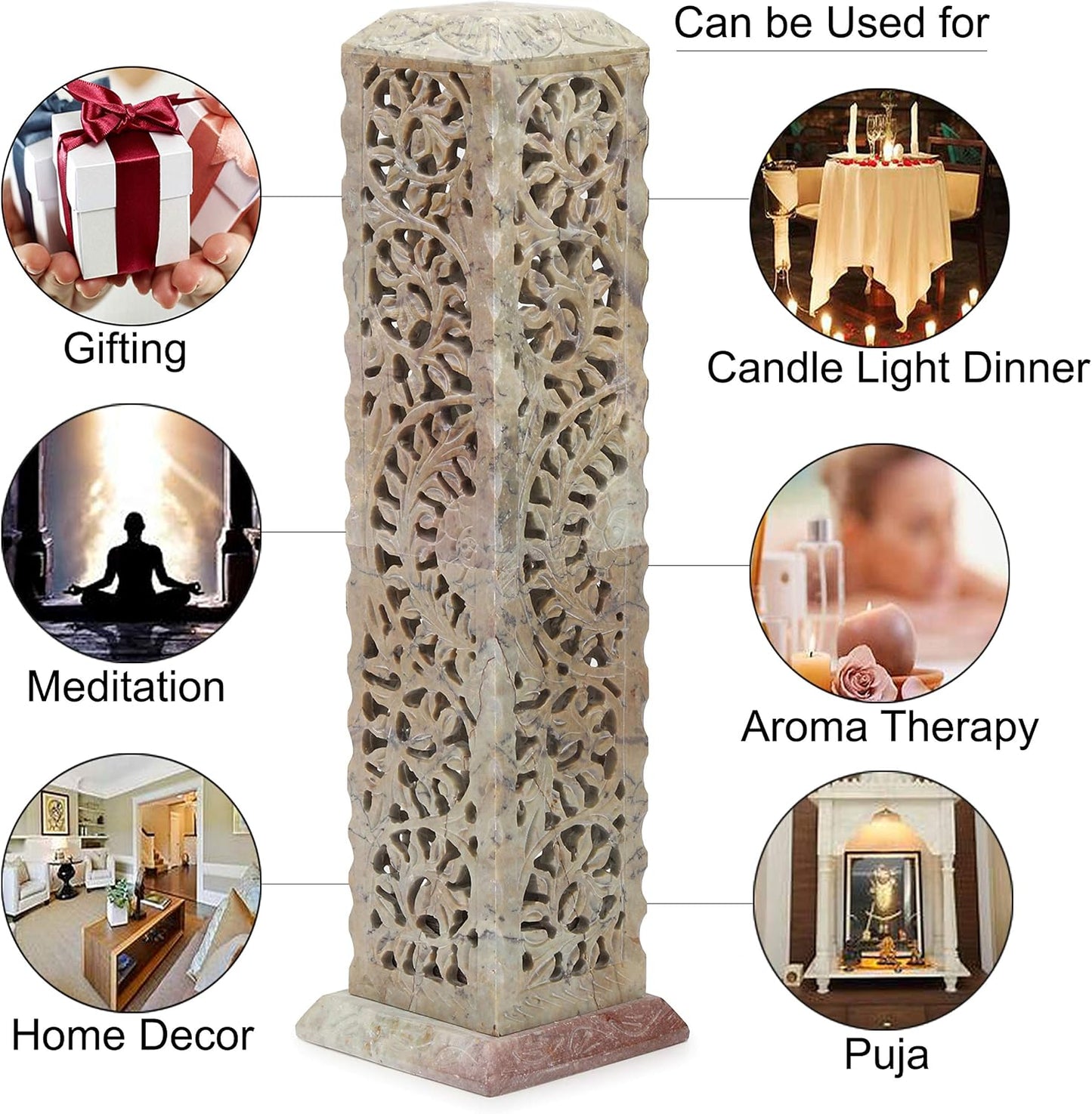 Carry Me Handmade Marble Soapstone Incense Stick Burner | Candle Stick Holder, Tea Light Stand, 3 x 3 x 11 Inches, Decorative Home and Kitchen Decor, Perfect for Gifting