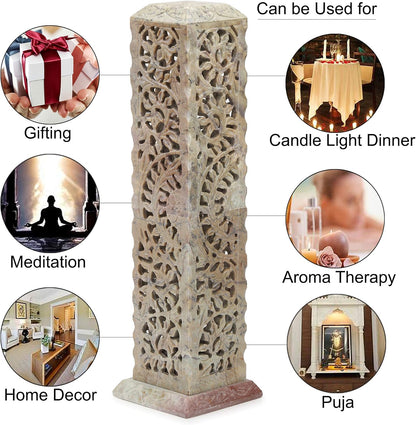 Carry Me Handmade Marble Soapstone Incense Stick Burner | Candle Stick Holder, Tea Light Stand, 3 x 3 x 11 Inches, Decorative Home and Kitchen Decor, Perfect for Gifting