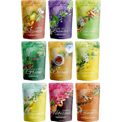 Gardenika Organic Loose Leaf Tea Sampler – 8 Pack, 1 LB – Herbal and Naturally Caffeine-Free Set - Ayurvedic Assortment Blend