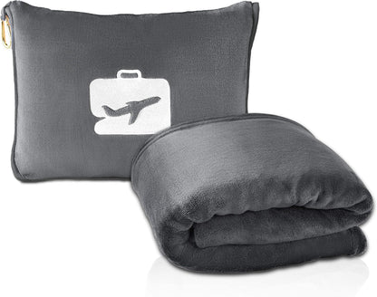 EverSnug Travel Blanket and Pillow - Premium Soft 2 in 1 Airplane Blanket with Soft Bag Pillowcase, Hand Luggage Sleeve and Backpack Clip (Grey)