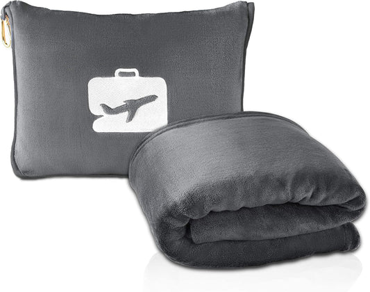 EverSnug Travel Blanket and Pillow - Premium Soft 2 in 1 Airplane Blanket with Soft Bag Pillowcase, Hand Luggage Sleeve and Backpack Clip (Grey)