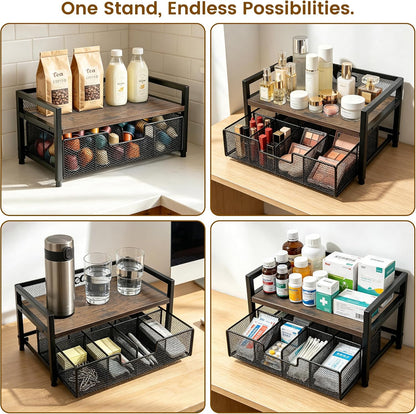2 Tier Tea Bag Organizer and Storage - 8 Drawer Sliding Tea Box Organizer, Tea Bar Accessories Organizer for Countertop, Bar Station, Kitchen (Rustic Brown)