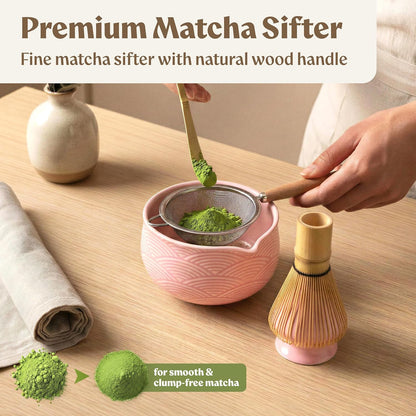 EDELHAUS Matcha Kit Whisk Set (7 Pcs) - Complete Matcha Set, Matcha Bowl with Spout, Whisk with Holder, Bamboo Scoop with Rest and Sifter, Perfect Kit for Matcha Lovers (Green Mist)