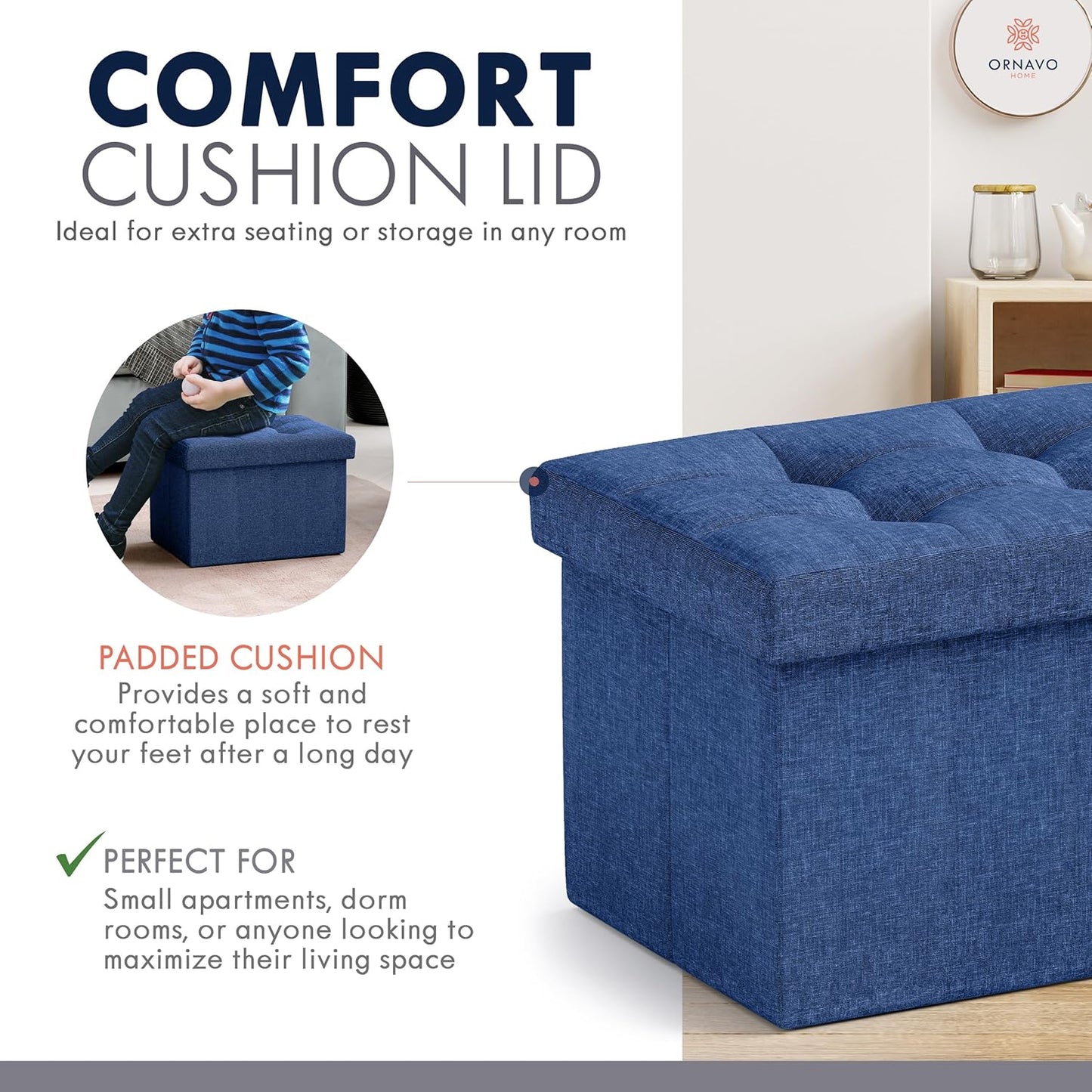 Ornavo Home Small Storage Ottoman Foldable Collapsible Rectangle Linen Ottoman Foot Rest Stool Seat, for Living Room, Bedroom, Home Office, Dorm - 12 x 16 x 12, Black