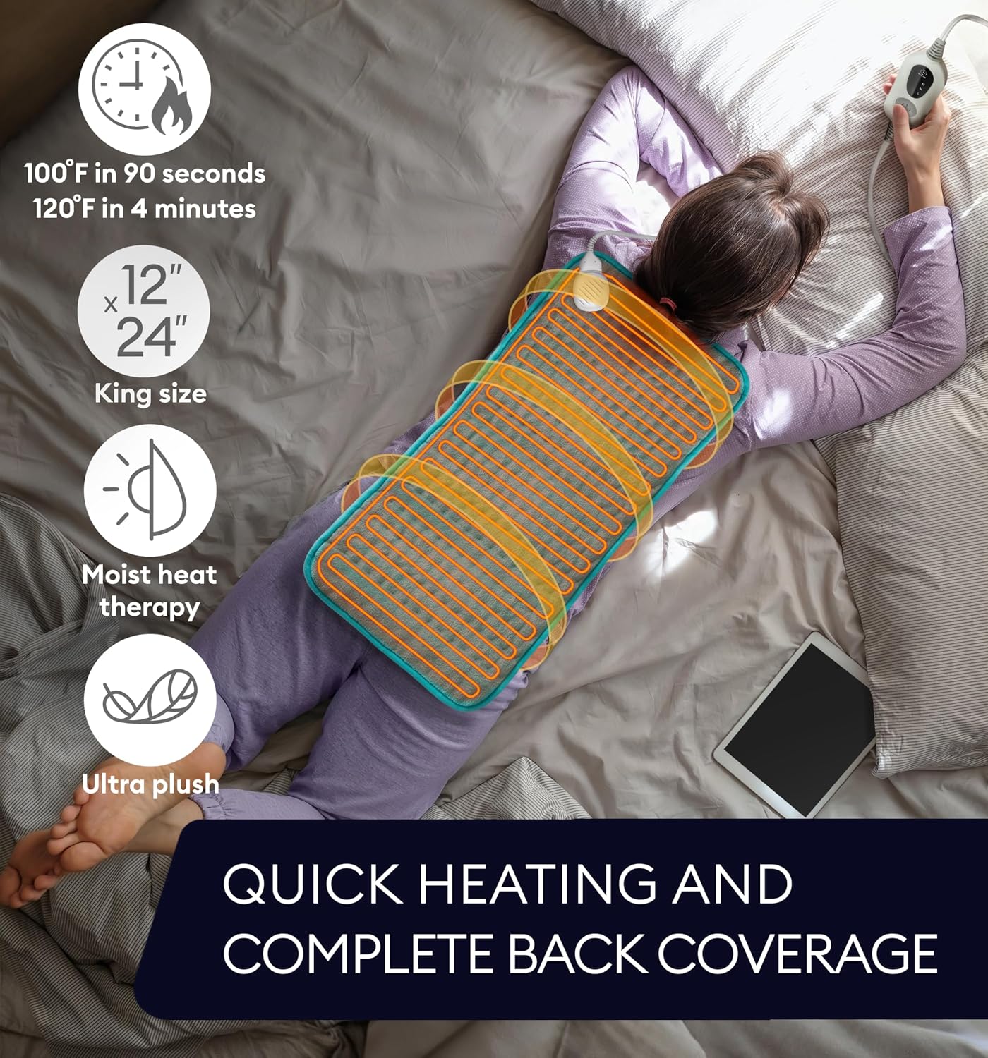 GENIANI Electric Heating Pad for Back Pain & Cramps Relief, Electric Throw, Self Care Gifts for Women, Heating Pad for Neck & Shoulder, Machine Washable Microplush, Auto Shut Off (12"x24", Tabby Gray)