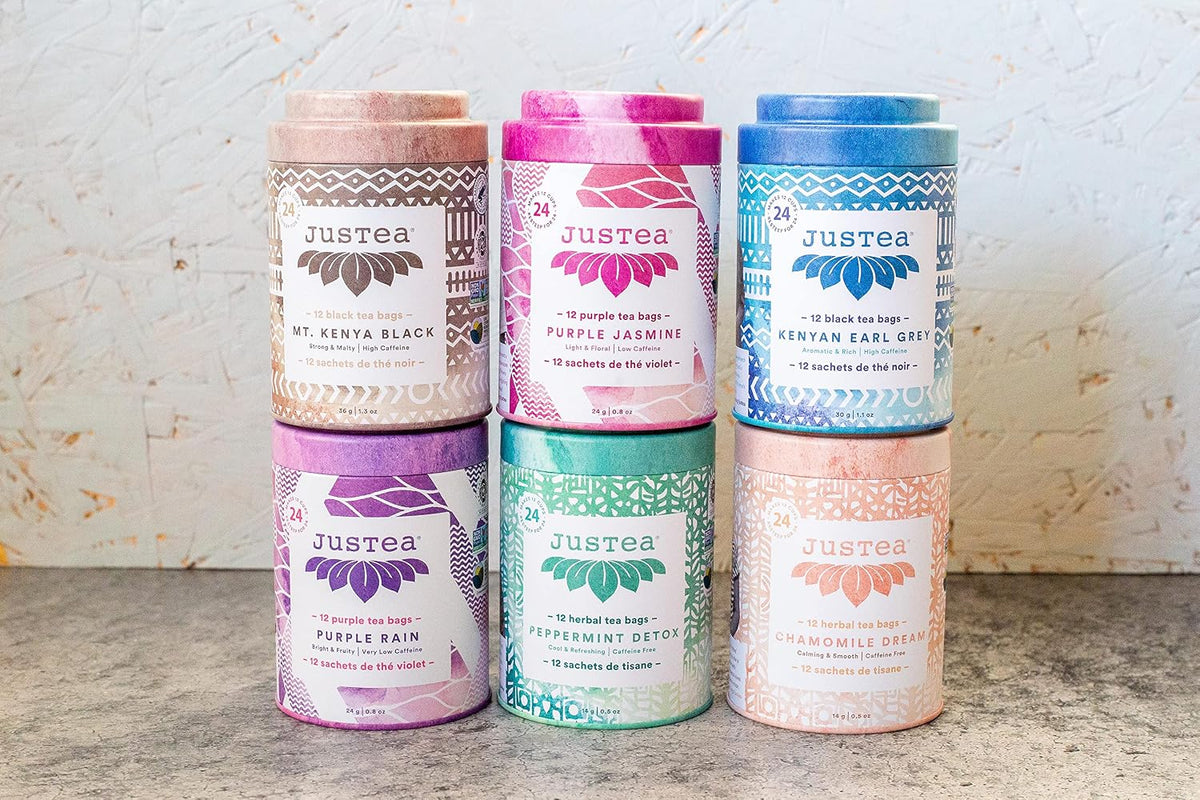 JusTea PURPLE JASMINE Plastic-Free Pyramid Purple Tea Bags, 12+ Cups Tin
