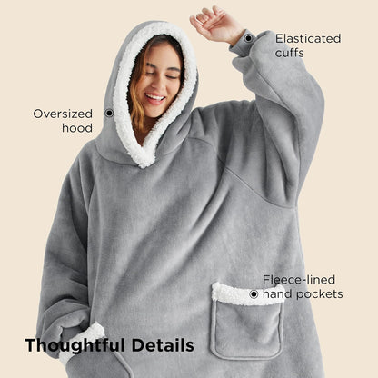 Bedsure Blanket Hoodie, Wearable Blanket Hoodie as Gifts for Mom, Birthday Gifts for Women Kids Teens Mother's Day Sherpa Sweatshirt, Grey, Standard