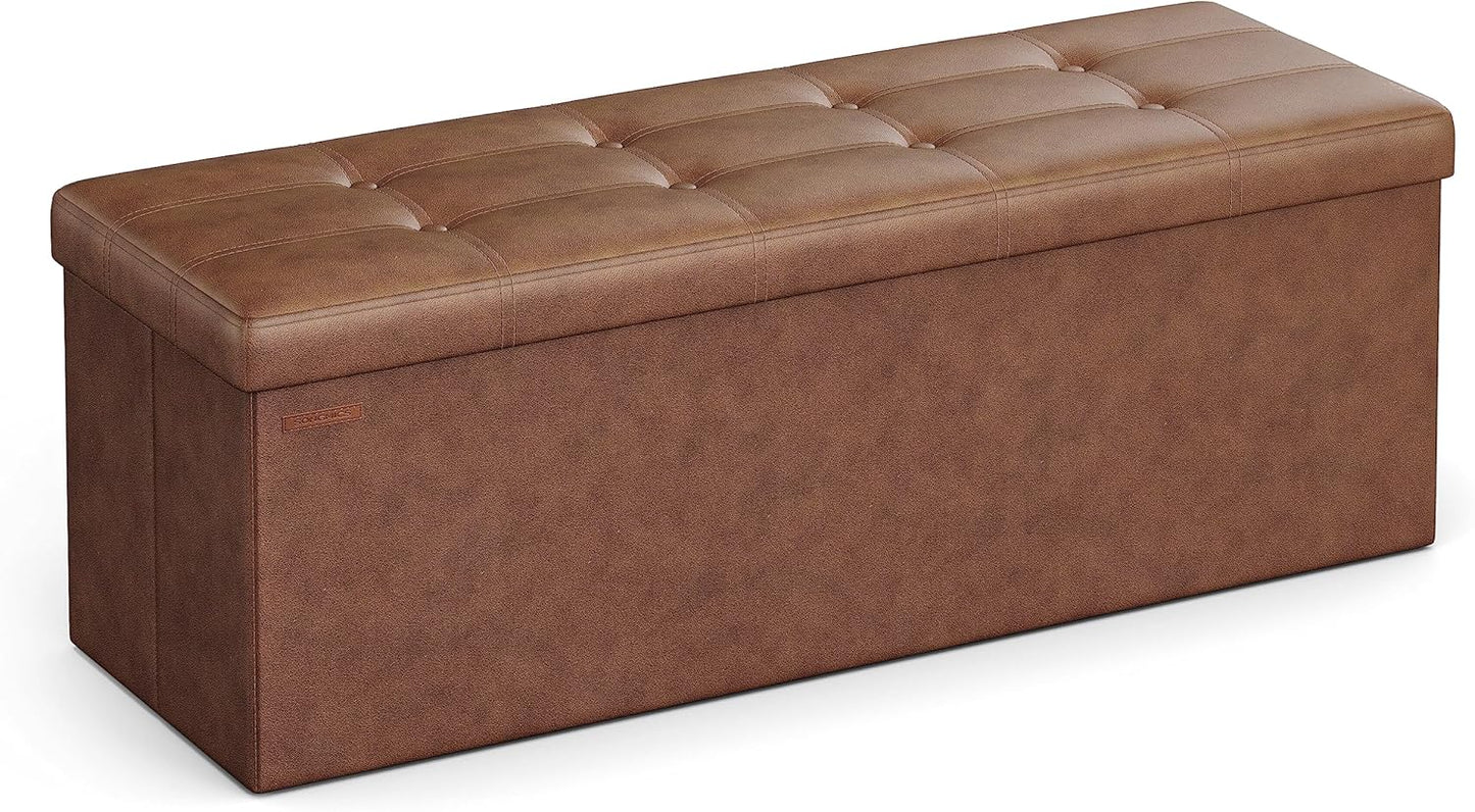 SONGMICS MAZIE Collection - 43 Inches Folding Storage Ottoman Bench, Ottoman with Storage, Foot Rest Stool, Load 660 lb, for Living Room, Synthetic Leather, Black ULSF701