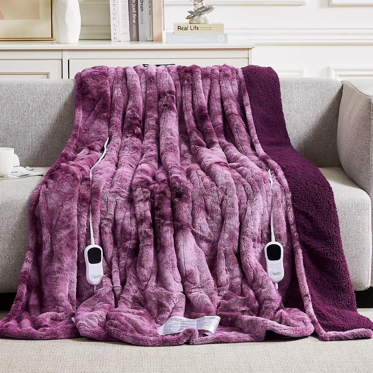 Homemate Heated Blanket Electric Throw - 50"x60" Heating Blanket Throw 1/2/4/6/8 Hours Auto-Off 10 Heat Levels Over-Heat Protection Luxury Faux Fur Sherpa ETL Certification